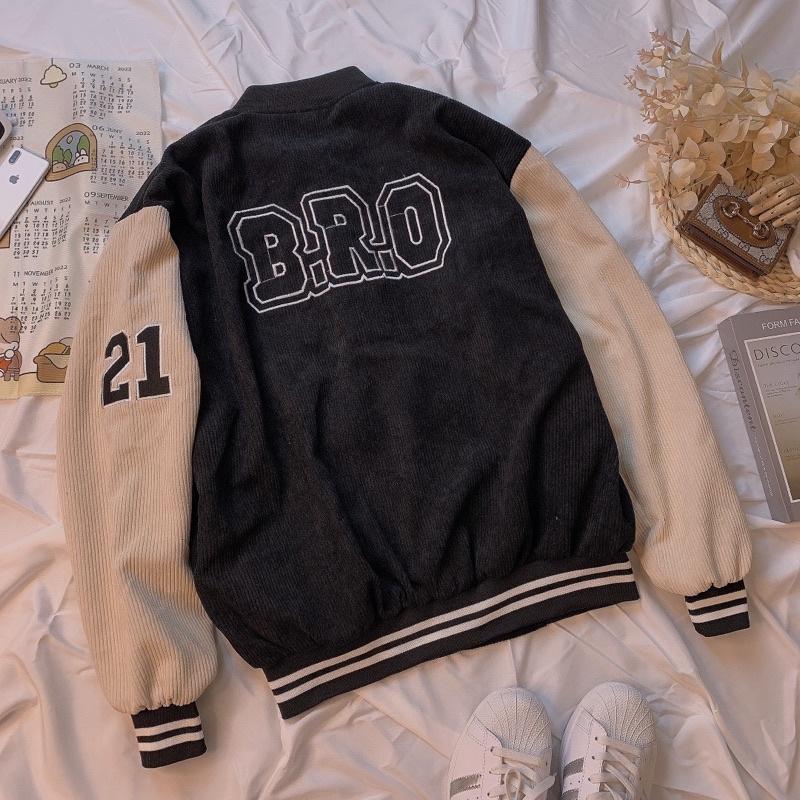 Hình ảnh Áo Khoác Nhung Tăm_Áo Khoác Bóng Chày_Áo Khoác Form Rộng Unisex Hàng QC 2Lớp Thêu BRO21_Chất Nhung Tăm Dày Mịn Nam/Nữ OK