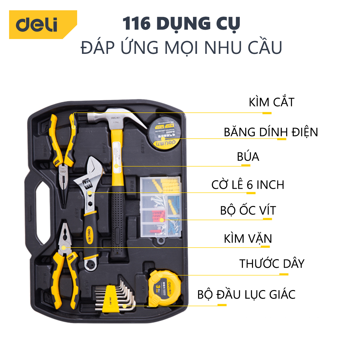 Bộ Dụng Cụ Sửa Chữa Đa Năng 116 Chi Tiết Deli Cao Cấp Chính Hãng - Sử Dụng Nhiều Mục Đích, An Toàn, TIện Lợi - DL5973