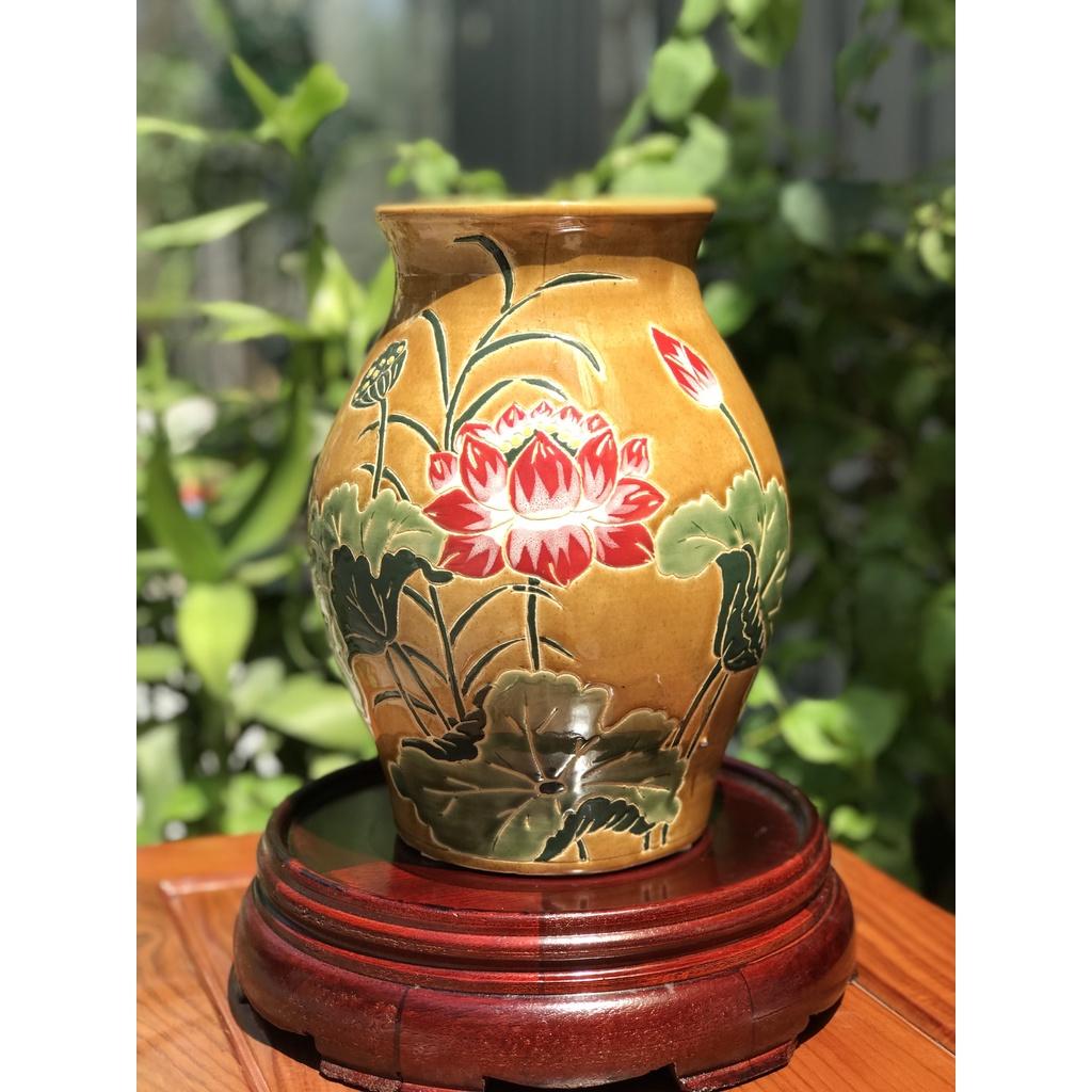 Bình Hoa Sen Ốm Da Lươn Gốm Sứ Nam Bộ,Trang Trí Decor,Cấm Hoa,Lọ Hoa,Gốm Thủ Công Vẽ Tay