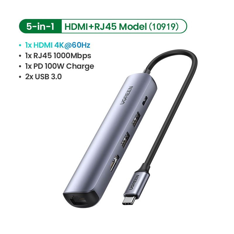 Hub chuyển đổi Ugreen USB-C sang 2*USB3.0+  HDMI + RJ45 + PD hỗ trợ 4K CM418- hàng chính hãng