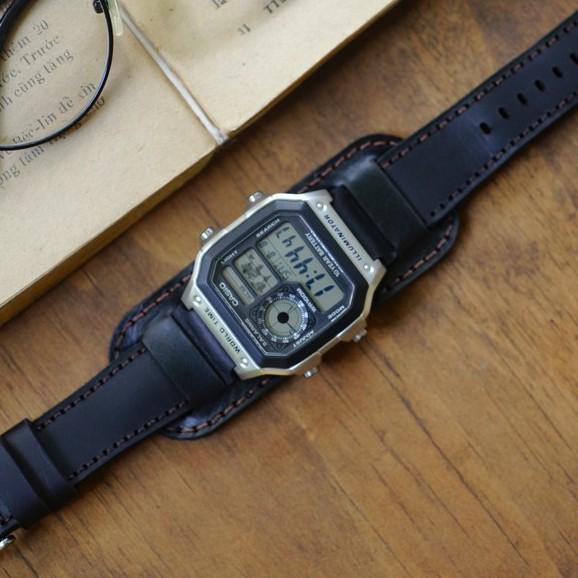 Dây đồng hồ RAM Leather cho casio ae1200 da bò đen - RAM bundstrap b1 black