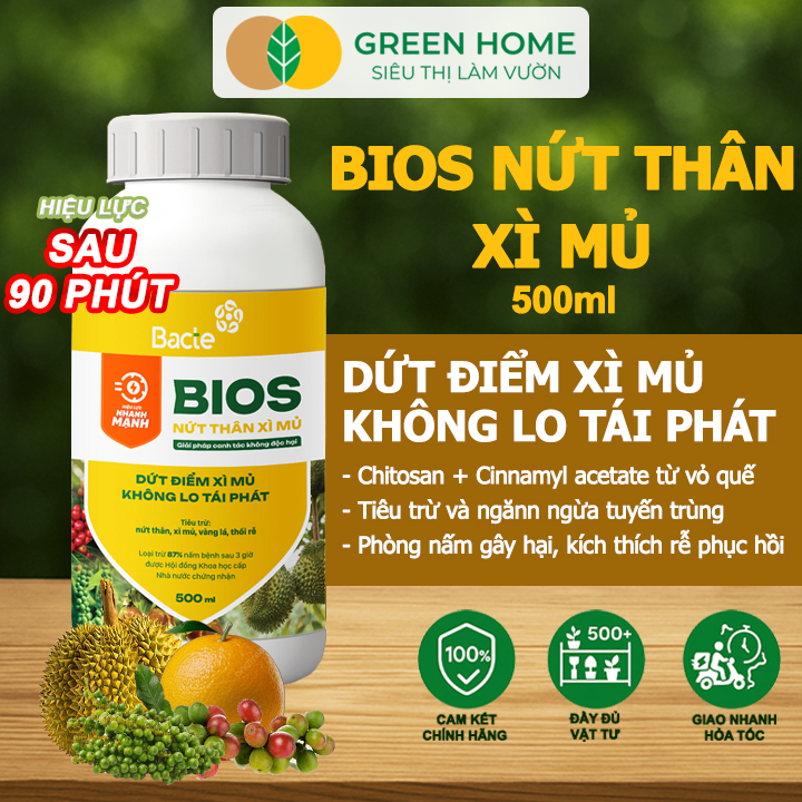 Chế Phẩm Sinh Học Bacte Bios Nứt Thân Xì Mủ, Green Home, Chai 500ml, Từ Thảo Mộc Hiệu Lực Nhanh Mạnh