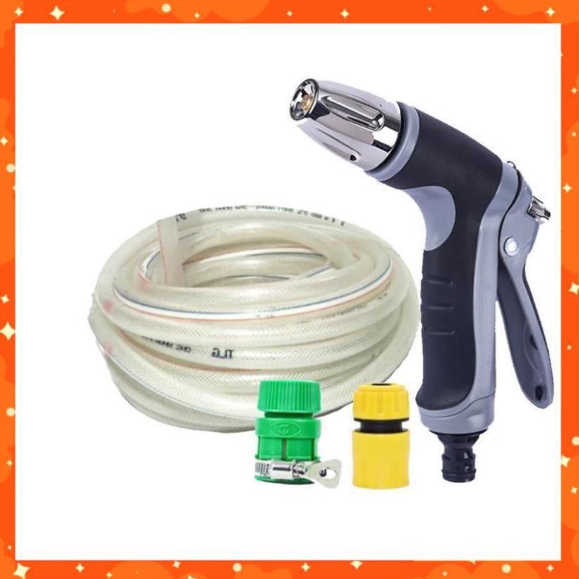 Bộ dây vòi xịt nước rửa xe, tưới cây,tăng áp 3 lần cút nhựa nối nhựa vàng loại 7-10m 206817