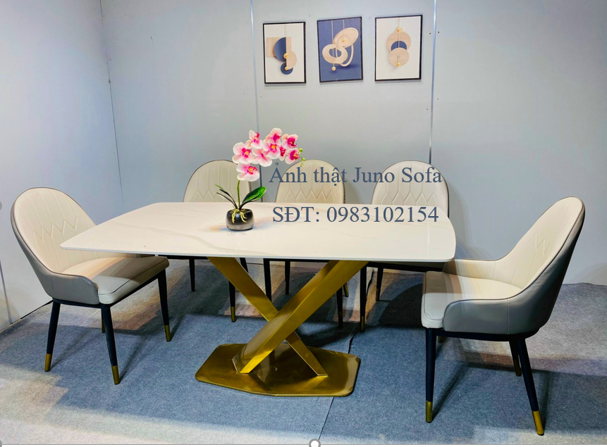 Bộ bàn ăn Juno Sofa 6 ghế nhập khẩu chân x kim loại