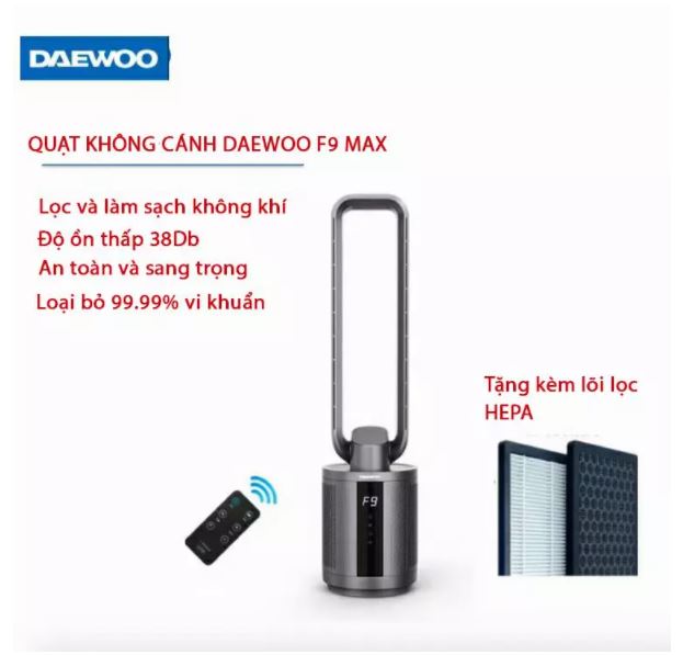 Quạt không cánh DEAWOO F9 Max với MÀNG LỌC HEPA và 9 tốc độ gió