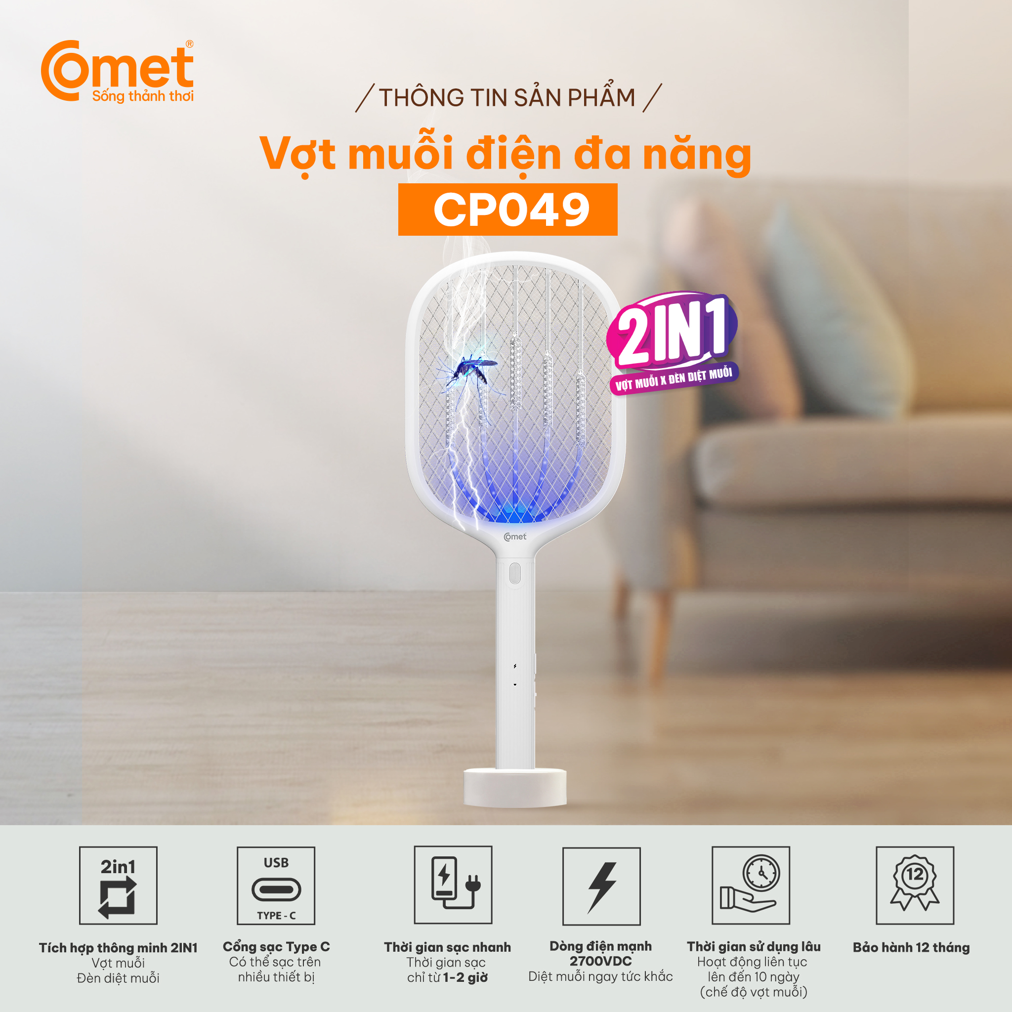 Vợt muỗi điện Comet CP049 Pin Lithium 500mAh sạc 2h dùng 10 ngày BH 12T cổng sạc type C