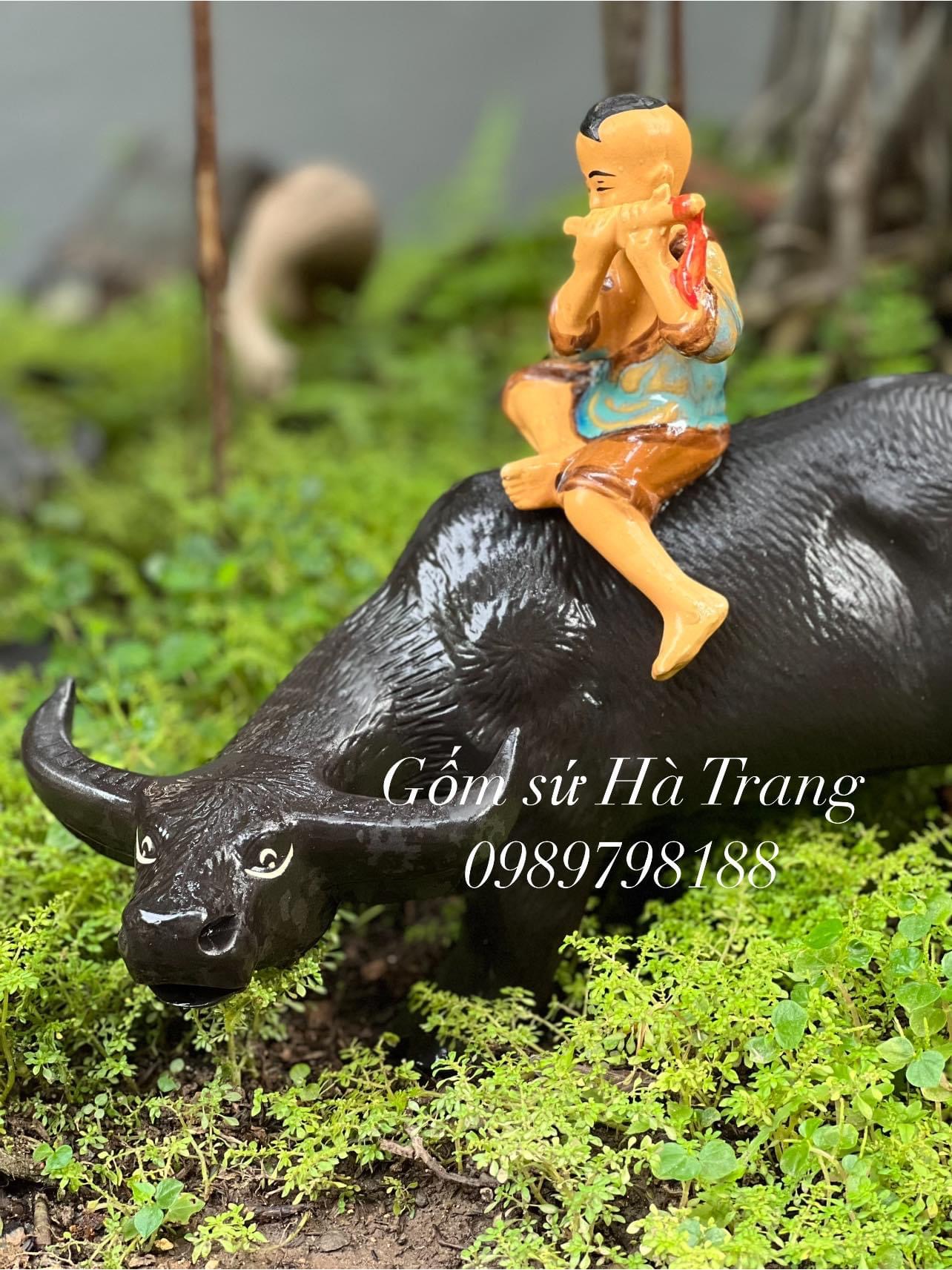 Tượng mục đồng chăn trâu gốm sứ Bát Tràng size 33cm
