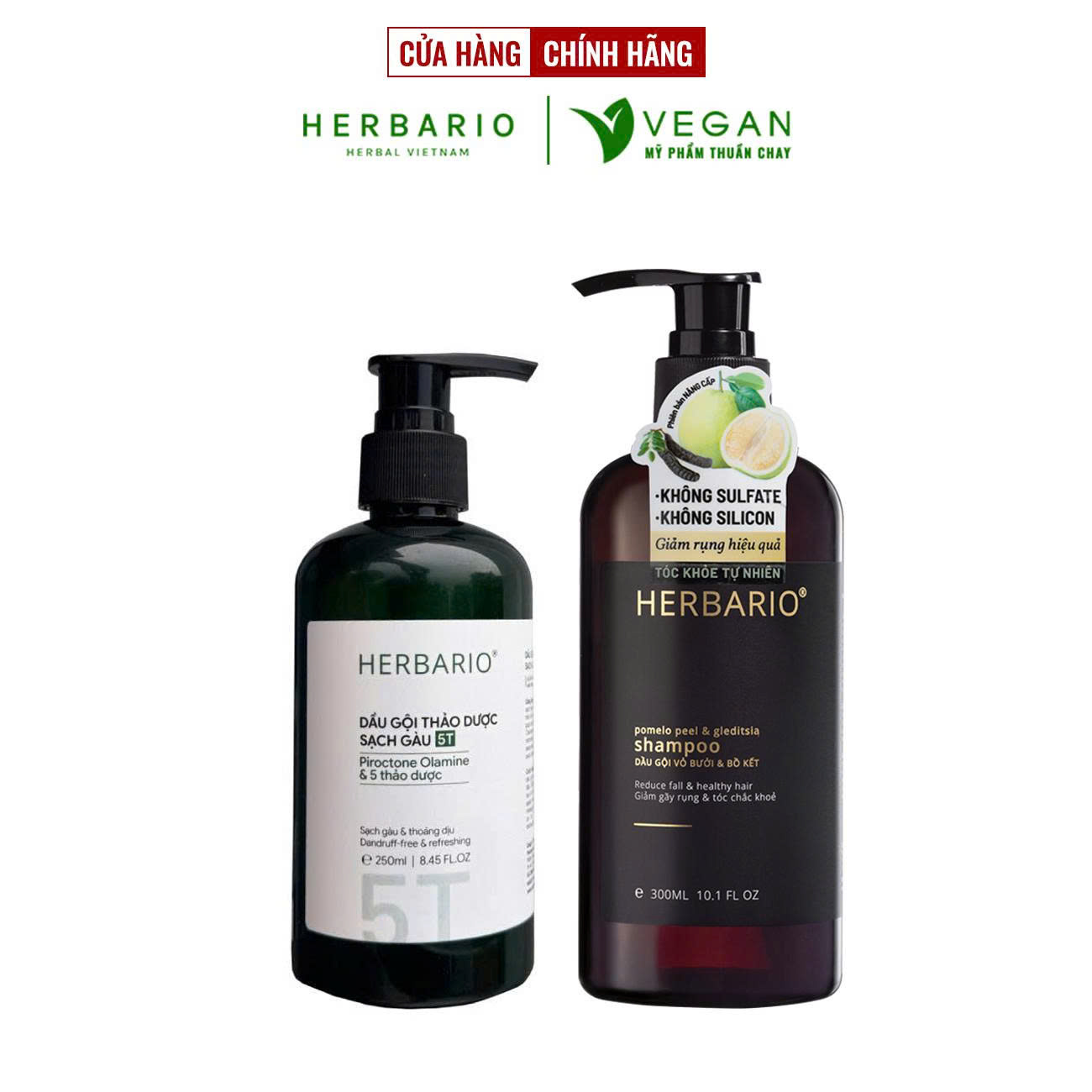 Combo Dầu gội thảo dược sạch gàu 5T Herbario 250ml + Dầu gội vỏ bưởi bồ kết Herbario 300ml giảm rụng tóc