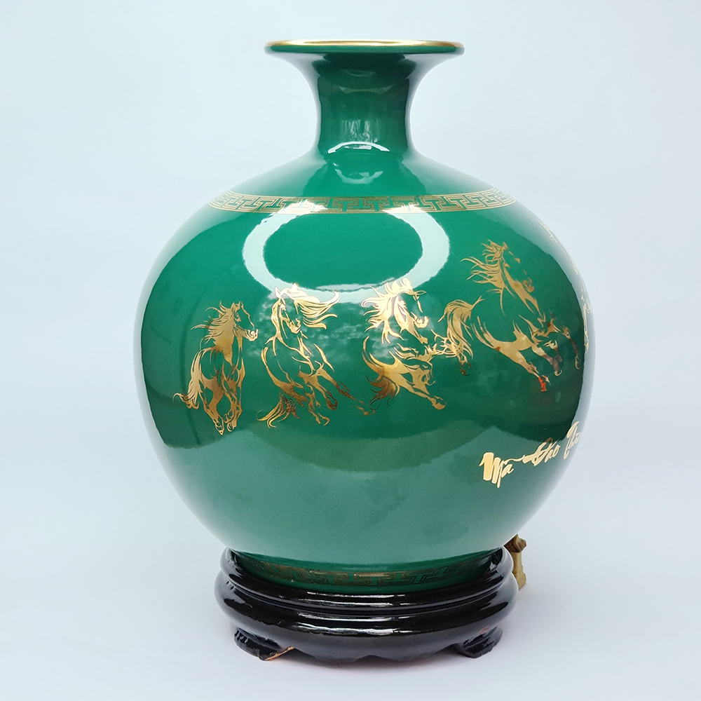 Bình Hút Lộc Gốm Sứ Xanh Ngọc Vẽ Vàng Bát Mã - Mã Đáo Thành Công - Mx - Đường Kính 20 Cm - Cao 22 Cm