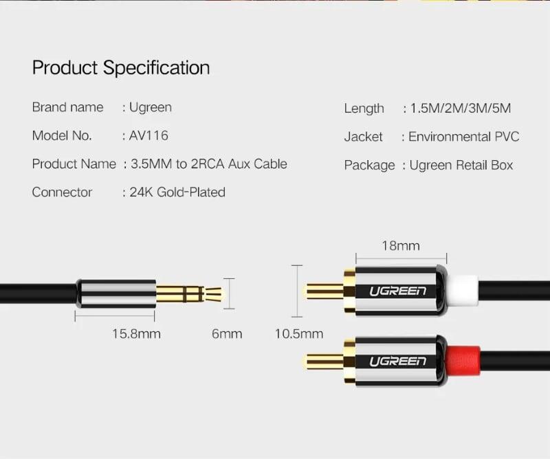 Ugreen UG20780AV116TK 8M màu Đen Cáp âm thanh 2 đầu Bông sen sang 3.5mm Dương mạ vàng - HÀNG CHÍNH HÃNG