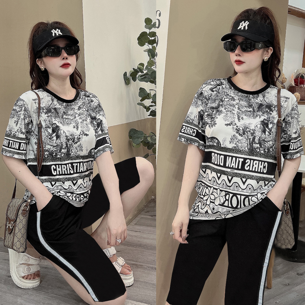 Đồ bộ thun đùi ngố họa tiết cây phối chữ cổ điển đen trắng