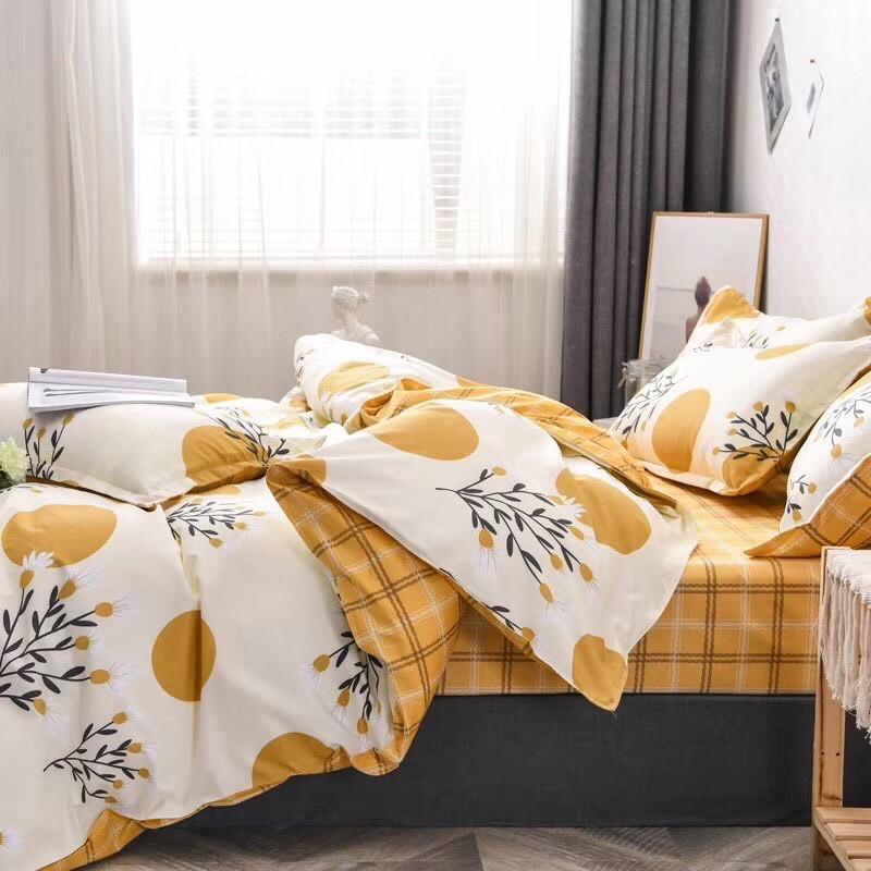 Bộ chăn ga gối Hàn Quốc hoa vàng vintage bo chun đủ kích thước.