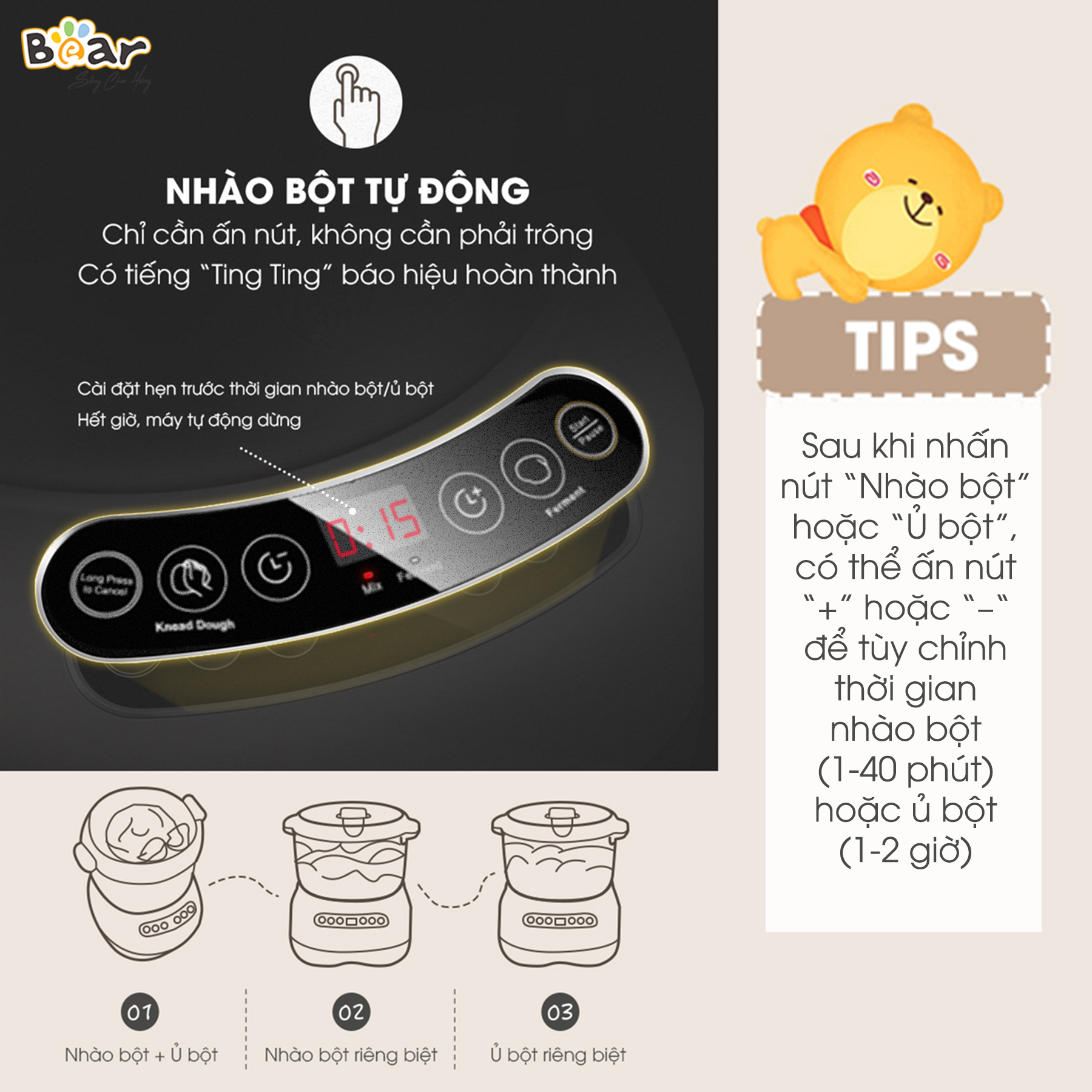Máy Nhào Bột Bear 7L Đa Năng Ủ Bột, Trộn Bột, Nhồi Bột Nhanh Công Suất Lớn Bảo Hành Chính Hãng 18 Tháng - DM-B70V1 - Hàng Chính Hãng