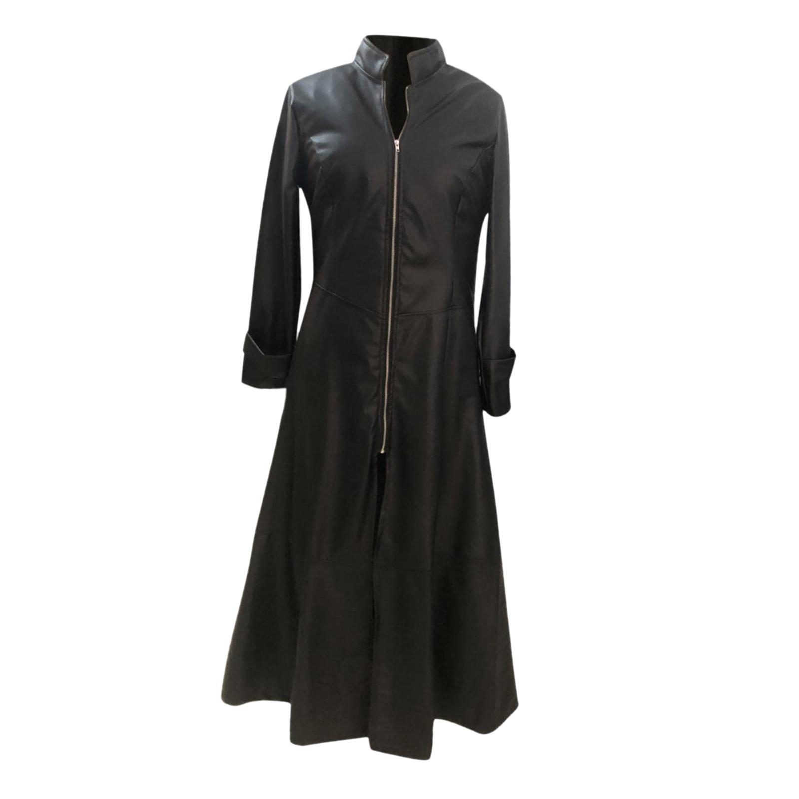 Long coat dress jacket women winter pu leather S Black