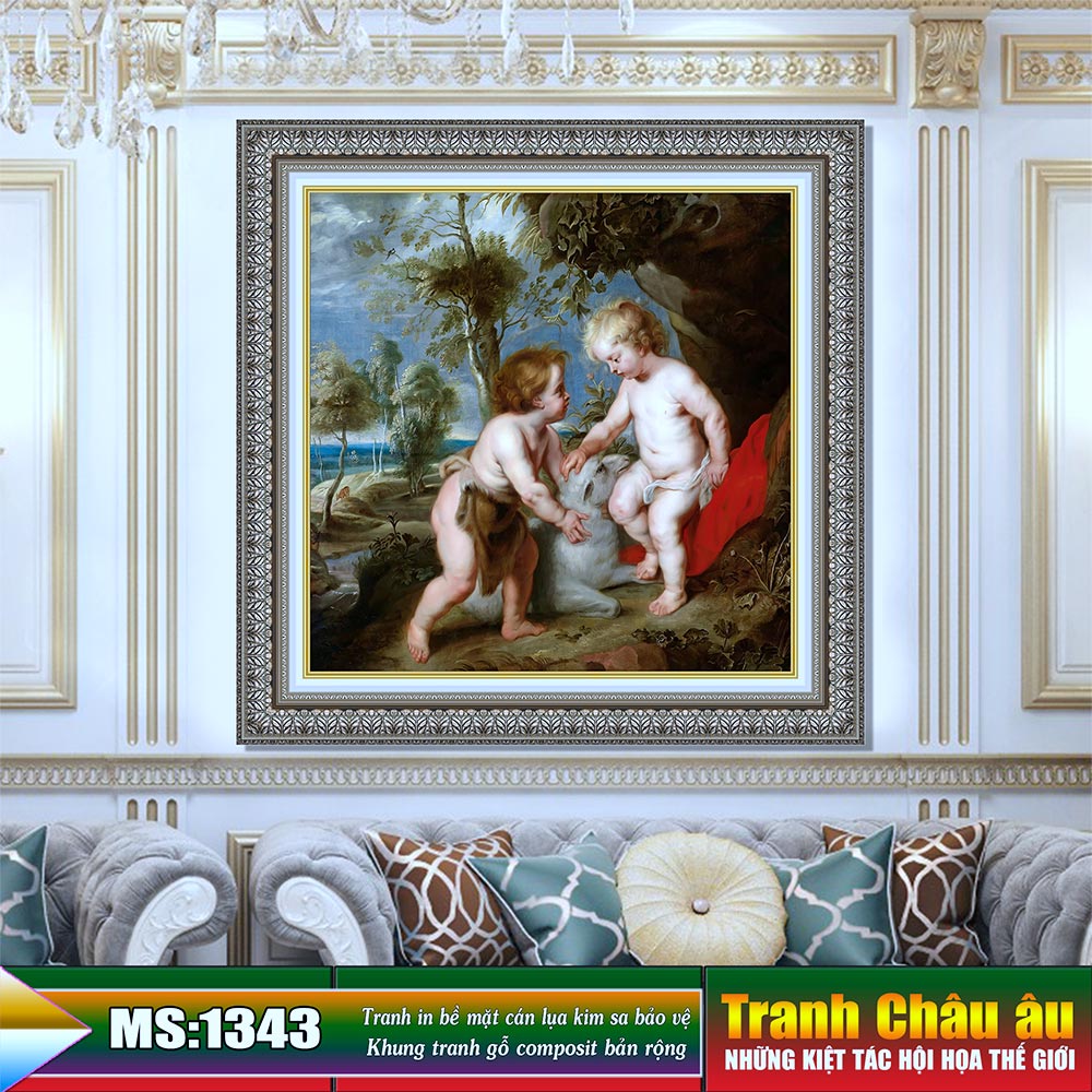 Tranh treo tường Châu âu trang trí phòng khách, phòng ngủ. Bức tranh "The Christ child and boy John - Chúa hài đồng và cậu bé John". MS: 1343
