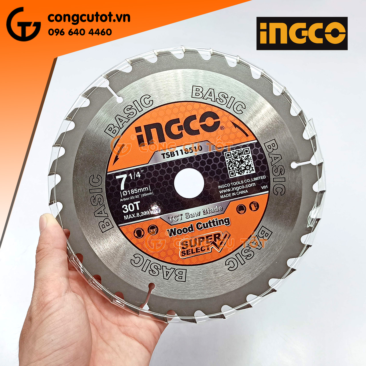 Lưỡi cắt gỗ Ø185mm 30 răng hợp kim TCT 8200rpm INGCO TSB118510