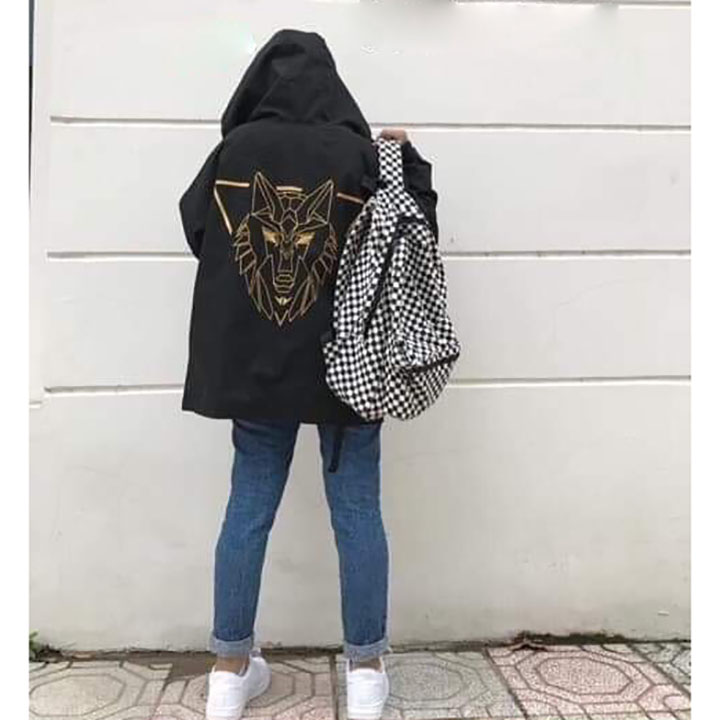 Áo Khoác Gió Hình Sói Cho Nam Nữ 2 Lớp Form Rộng Style Phá Cách