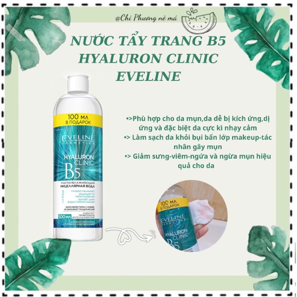 Nước tẩy trang Eveline Hyaluronic Clinic B5 ngăn ngừa mụn lão hóa và dưỡng ẩm da 500ml