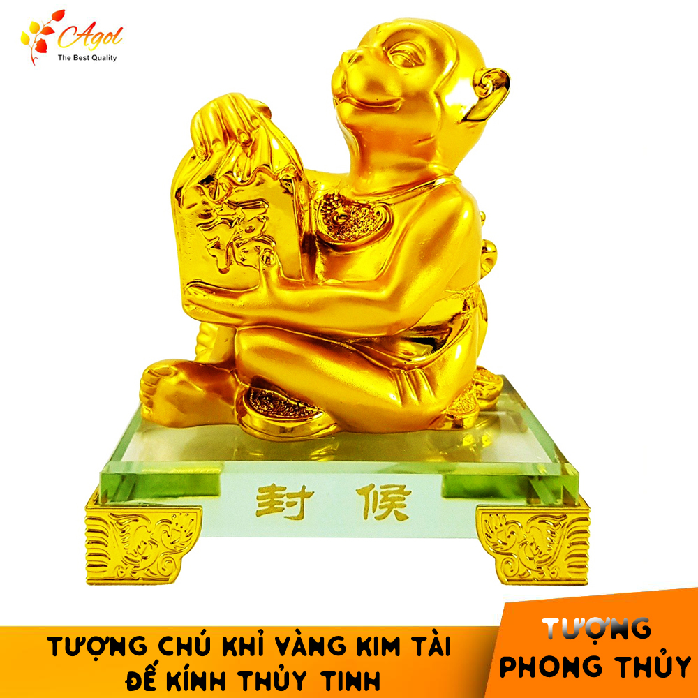 Tượng chú khỉ vàng đế kính thủy tinh cao cấp - Tượng HẦU TÔN ÔM VÀNG - Hàng Nhập Khẩu