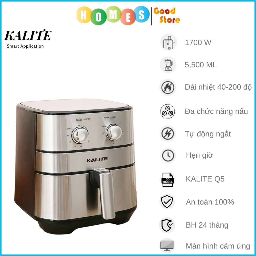 Nồi Chiên Không Dầu KALITE Q5 Vỏ Chống Gỉ Inox Dung Tích 5.5 Lít Công Suất 1700 W - Hàng Chính Hãng