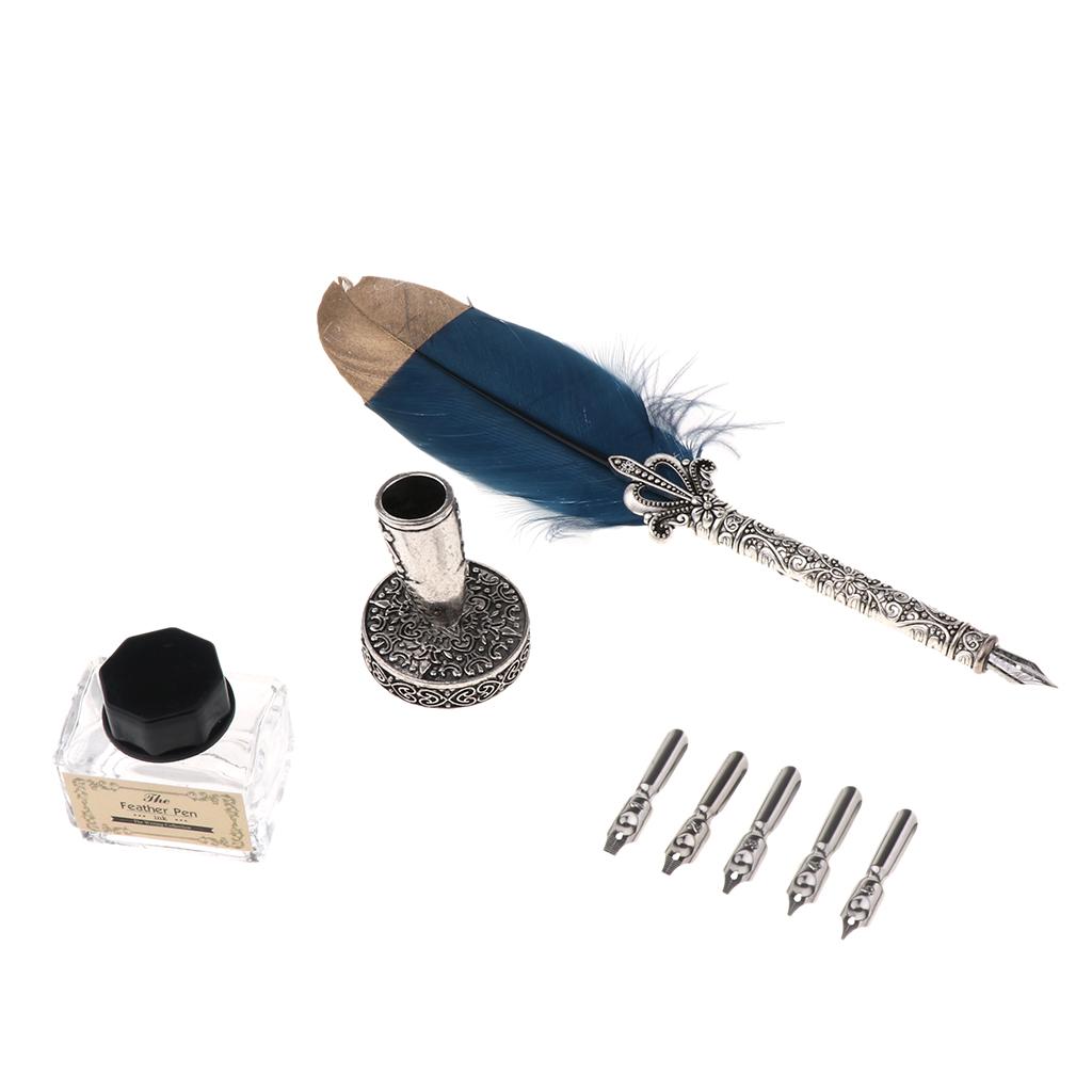 Antique Feather Dip Fountain Pen Calligraphy Set w Holder 5 Nib