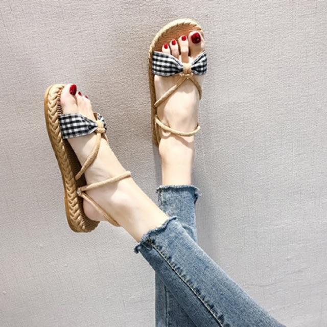 Dép sandal nữ nơ vải, đế cói 2 in 1 quai ngang phong cách hàn quốc HOT TREND 2020