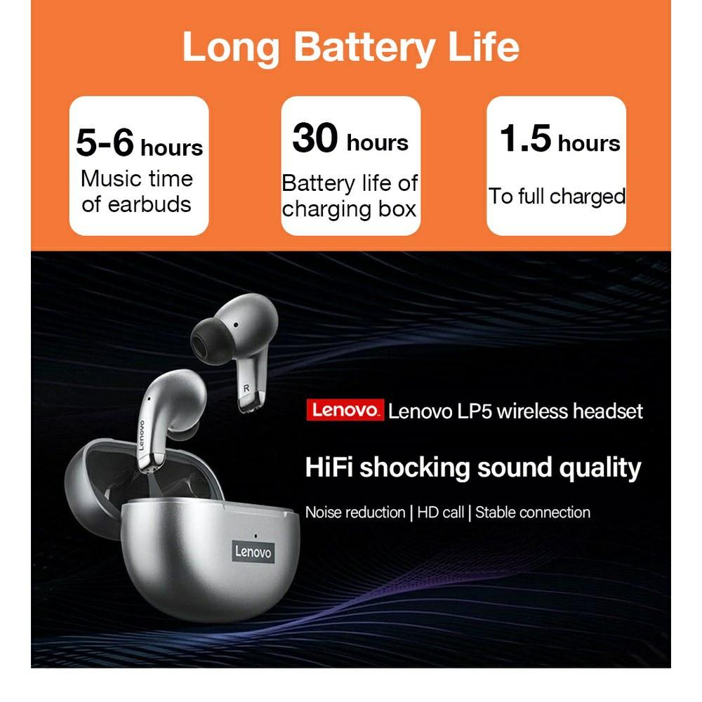 Tai nghe không dây Lenovo lp5 bluetooth 5.0 độ trễ thấp tích hợp micro chơi game/ tập thể thao ipx5-Hàng chính hãng