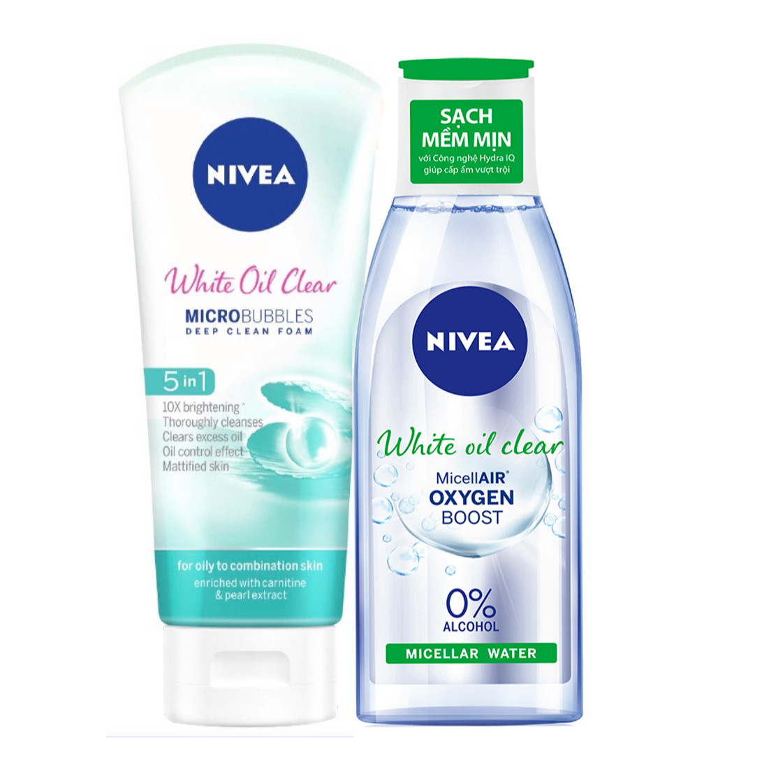 Bộ đôi làm sạch NIVEA White Oil Clear kiểm soát nhờn (Sửa rửa mặt 100G + Nước tẩy trang không cồn 200ml)