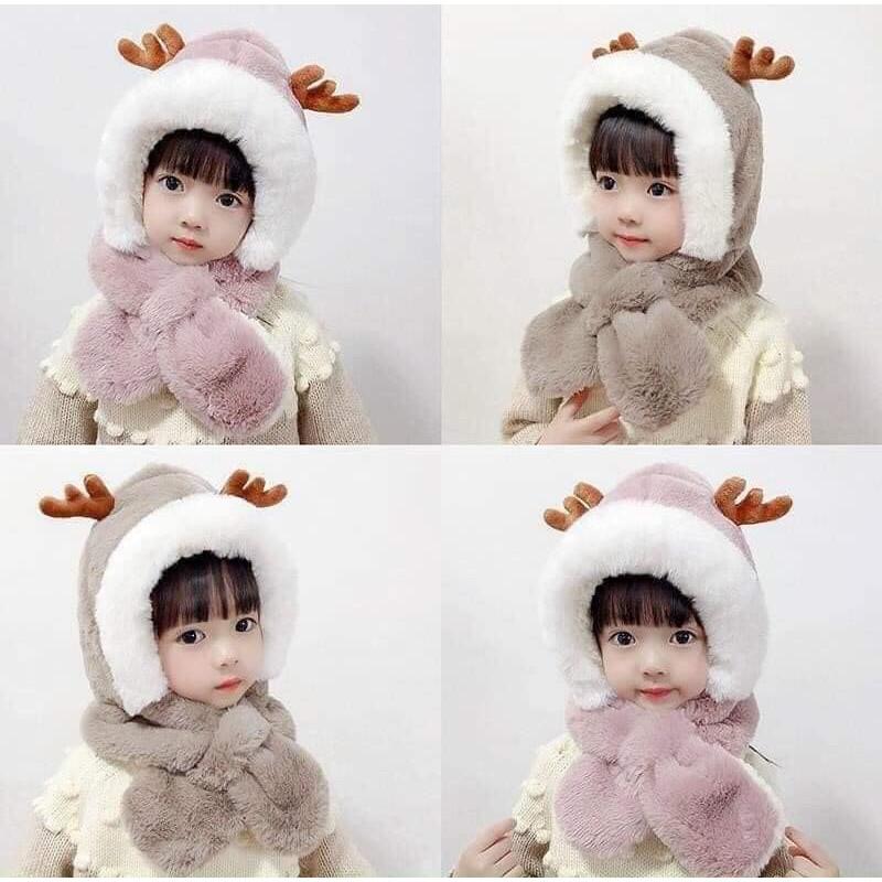 Mũ trẻ em mùa đông lót lông sừng hươu cute nón kèm khăn siêu ấm tai gấu thỏ cho bé