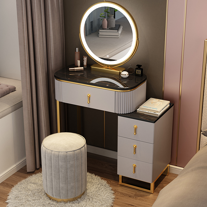 Bàn trang điểm 1 ngăn to và 3 ngăn nhỏ đựng đồ, kết hợp đèn LED ở gương có cảm biến, ( kèm ghế ngồi đệm cực êm)