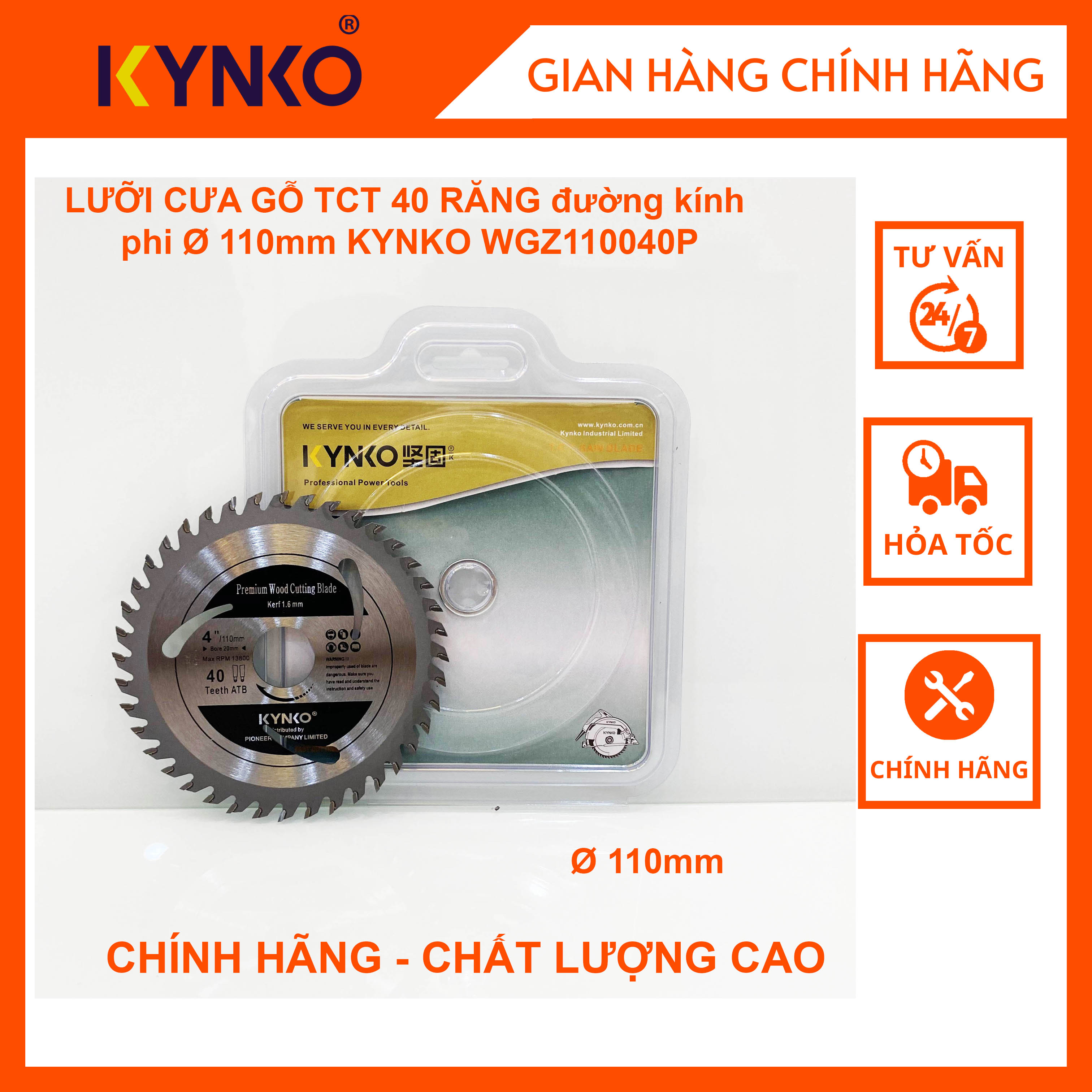 LƯỠI CƯA GỖ TCT 40 RĂNG đường kính phi Ø 110mm KYNKO WGZ110040P