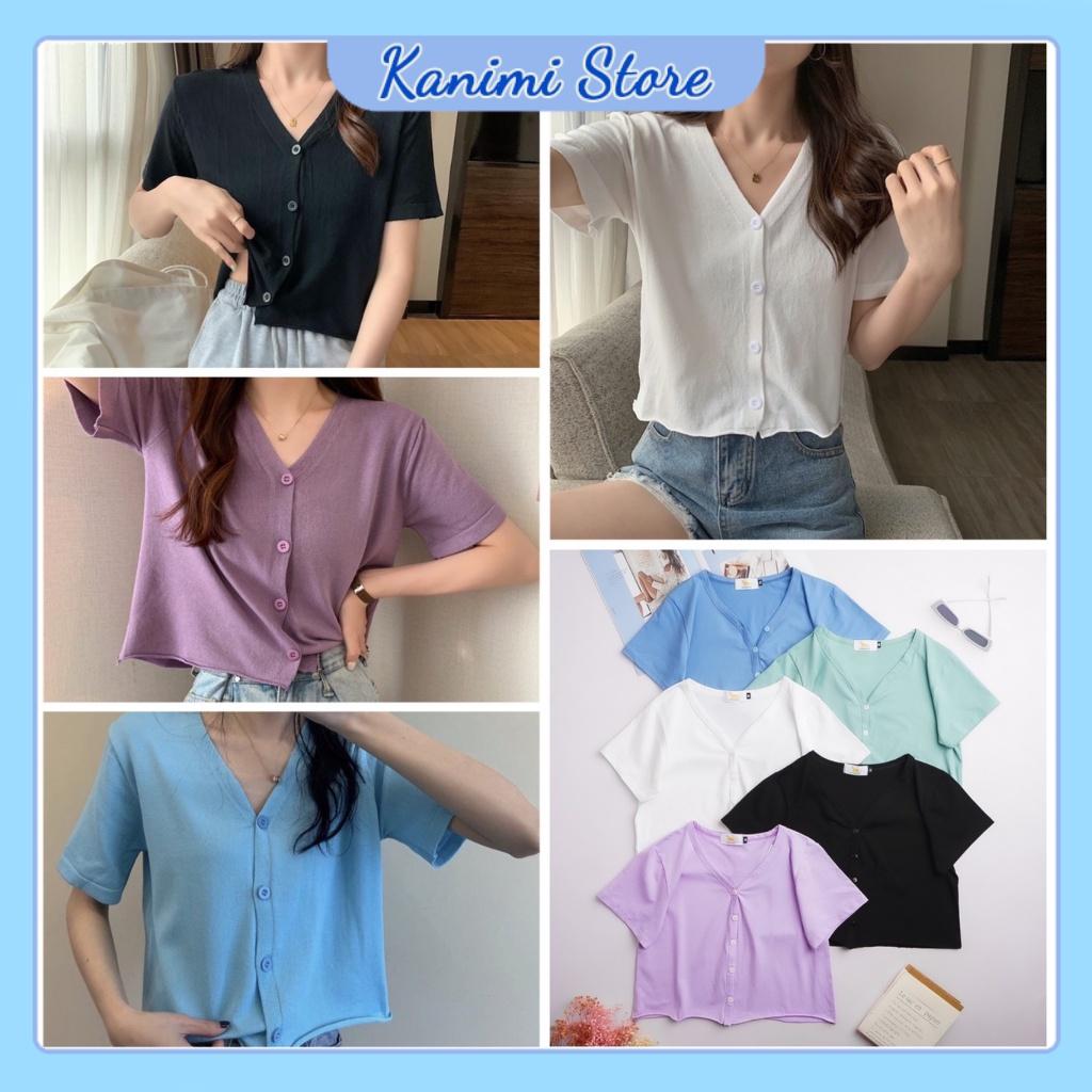 Áo croptop cổ tim cài cúc tay ngắn form rộng chất 4 chiều 100% cotton cực đẹp Kanimi - AN07