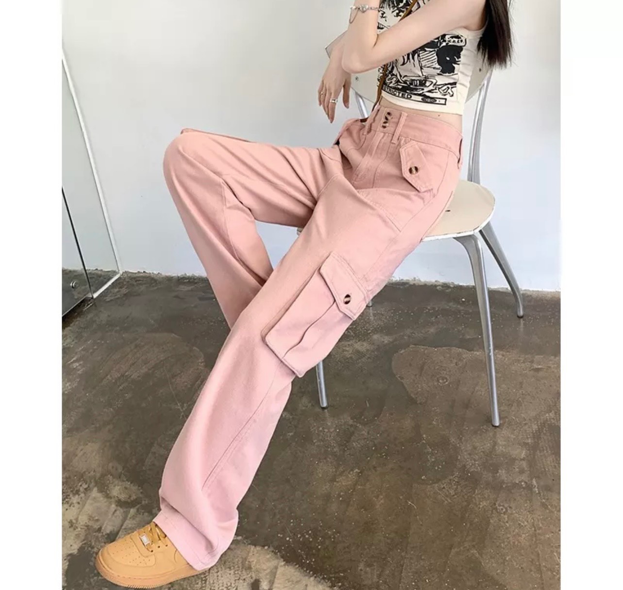 Quần jean nữ túi hộp lưng bản to 2 nút, quần ống rộng nữ lưng cao màu đen màu trắng chất jean kaki dày dặn không phai mà