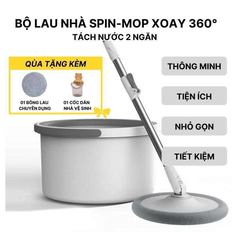 Bộ Cây Lau Nhà Thông Minh Có Thùng Vắt Xoay Tròn Nhựa PP, Cán Inox Dài 134cm, Miếng lau 25cm