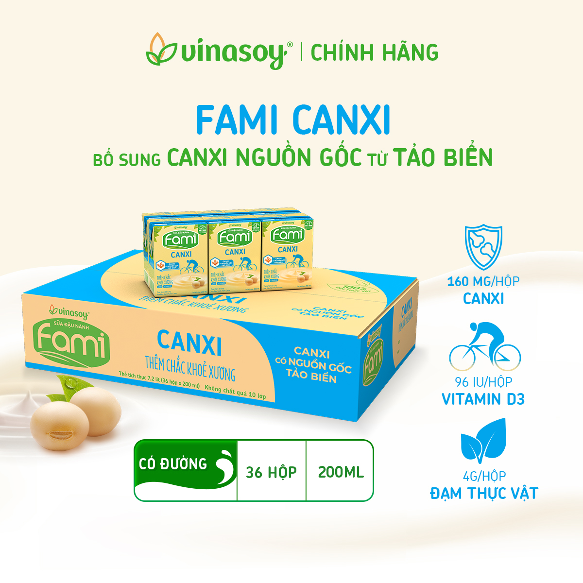 Thùng sữa đậu nành Fami Canxi Nguyên vị (200ml x 36 hộp)