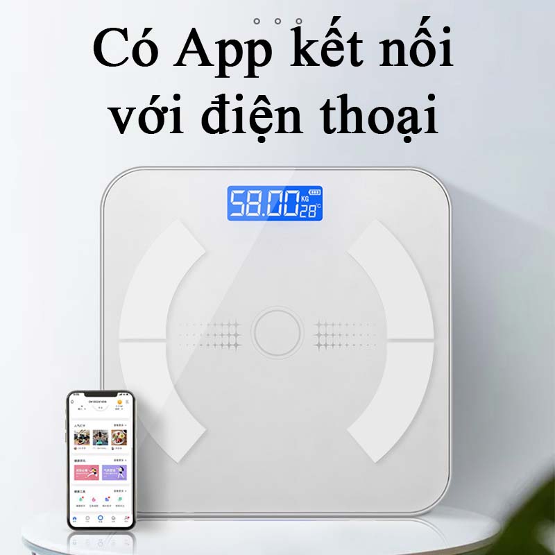 Cân Điện Tử Sức Khỏe Mini Kết Nối Bluetooth Đo 27 Chỉ Số Cơ Thể Phân Tích Lượng Mỡ Có App Theo Dõi Cân Nặng Cân Y Tế Gia Đình Thông Minh Kính Cường Lực Tải Trọng 180kg Màn Hình Led Công Nghệ Hiện Đại Độ Chính Xác Cao Sạc USB