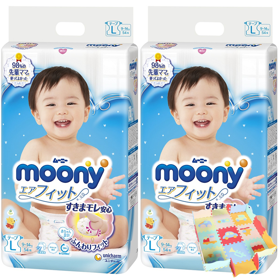 Combo 2 Gói Tã Dán Cao Cấp Moony Nhật Bản L54 (54 Miếng) - Tặng 1 Thảm Xốp Quây