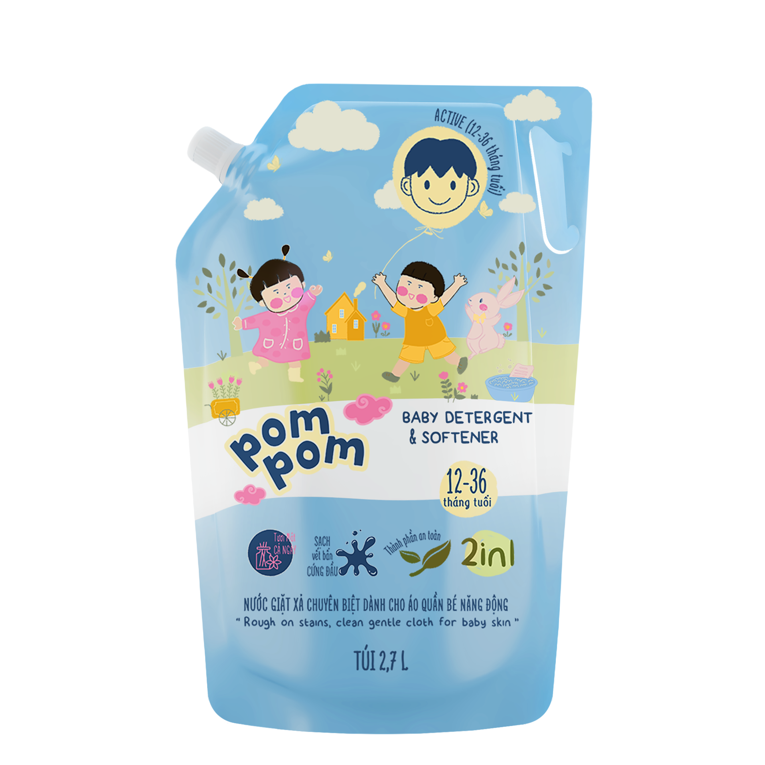 Túi Nước Giặt Xả Pom Pom Active Cho Bé Chập chững (12-36 Tháng Tuổi) 2,7L