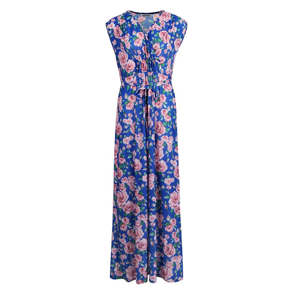 Women's V Neck Sleeveless Stretchy Wrap Waist Floral Boho Maxi Beach Party Dresses