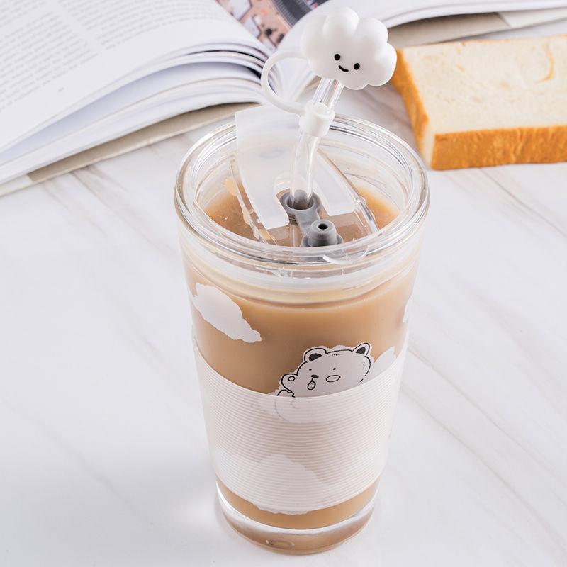 Thủy Tinh 480Ml Bình Nước Dễ Thương Mây Hoạt Hình Gấu Nước Sữa Straw Cup Chống Rò Rỉ Di Động Bình Tập Uống Có Niêm Phong Nắp nắp
