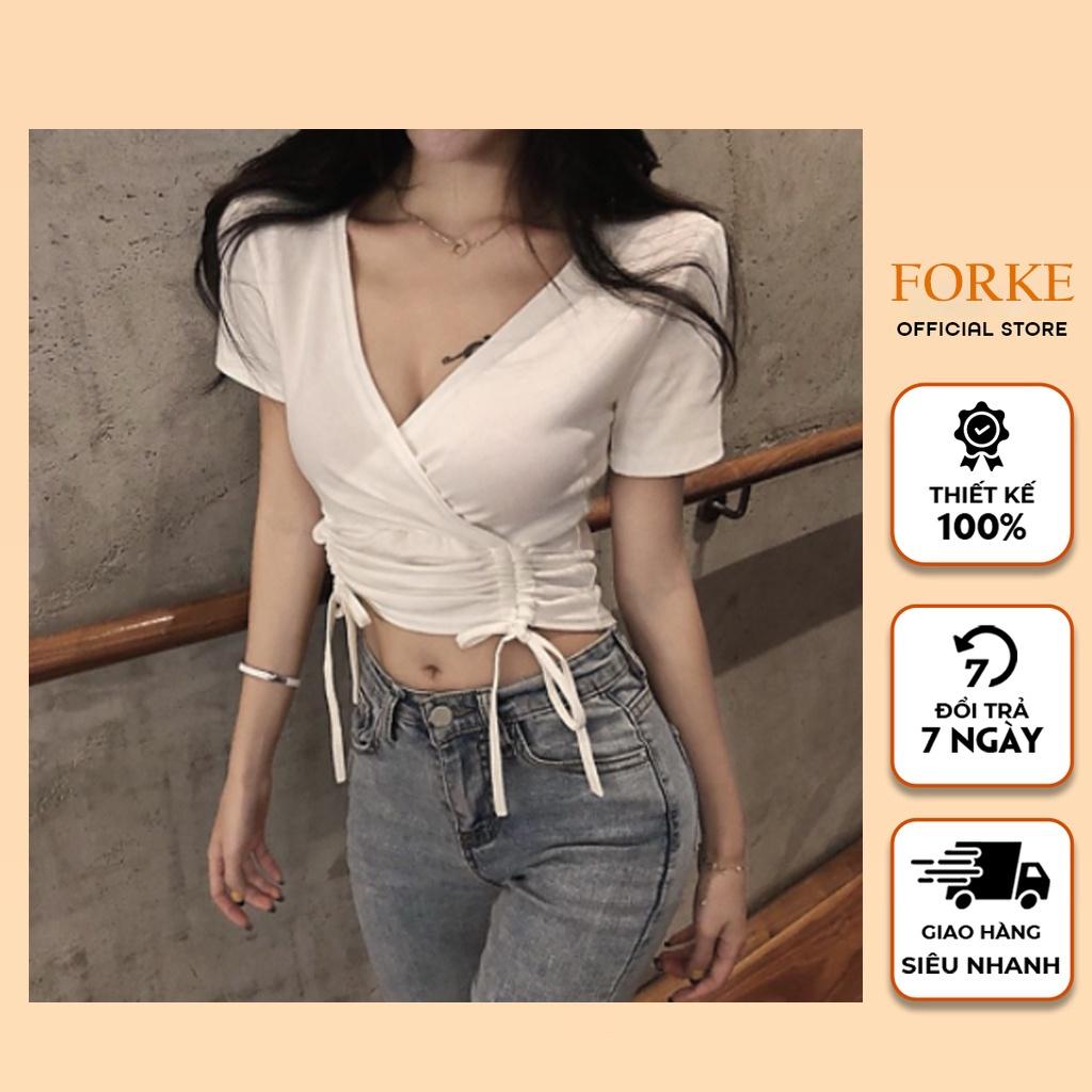 Áo Croptop Nữ Cổ V Dây Rút Eo Ngắn Borip Gân 2 Màu cực cá tính, ÁO CROPTOP kiểu cổ xẻ có dây buộc tùy chỉnh ôm form