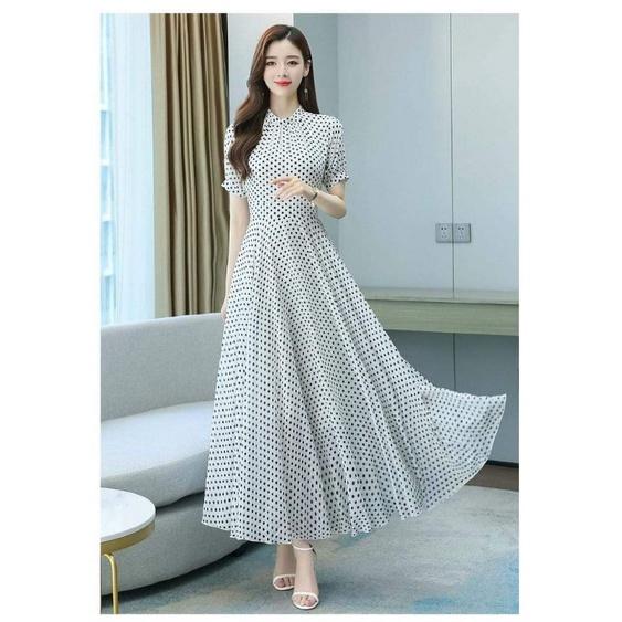 ĐẦM MAXI BI CỔ TRỤ XẾP LI