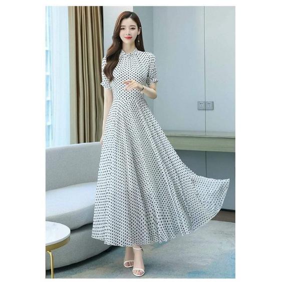 ĐẦM MAXI BI CỔ TRỤ XẾP LI