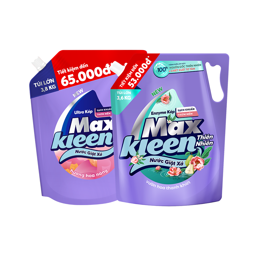 Combo Túi Nước Giặt Xả MaxKleen Thiên Nhiên 3.6kg + Túi Hoa Nắng 3.8kg