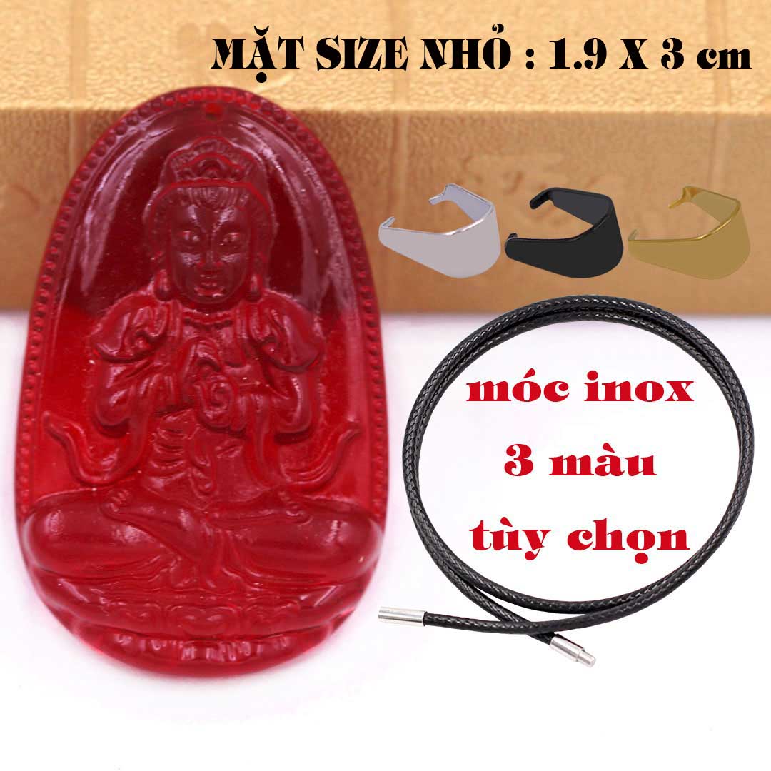 Mặt Phật Đại nhật như lai pha lê đỏ 1.9cm x 3cm kèm vòng cổ dây cao su đen + móc inox vàng, Phật bản mệnh, mặt dây chuyền