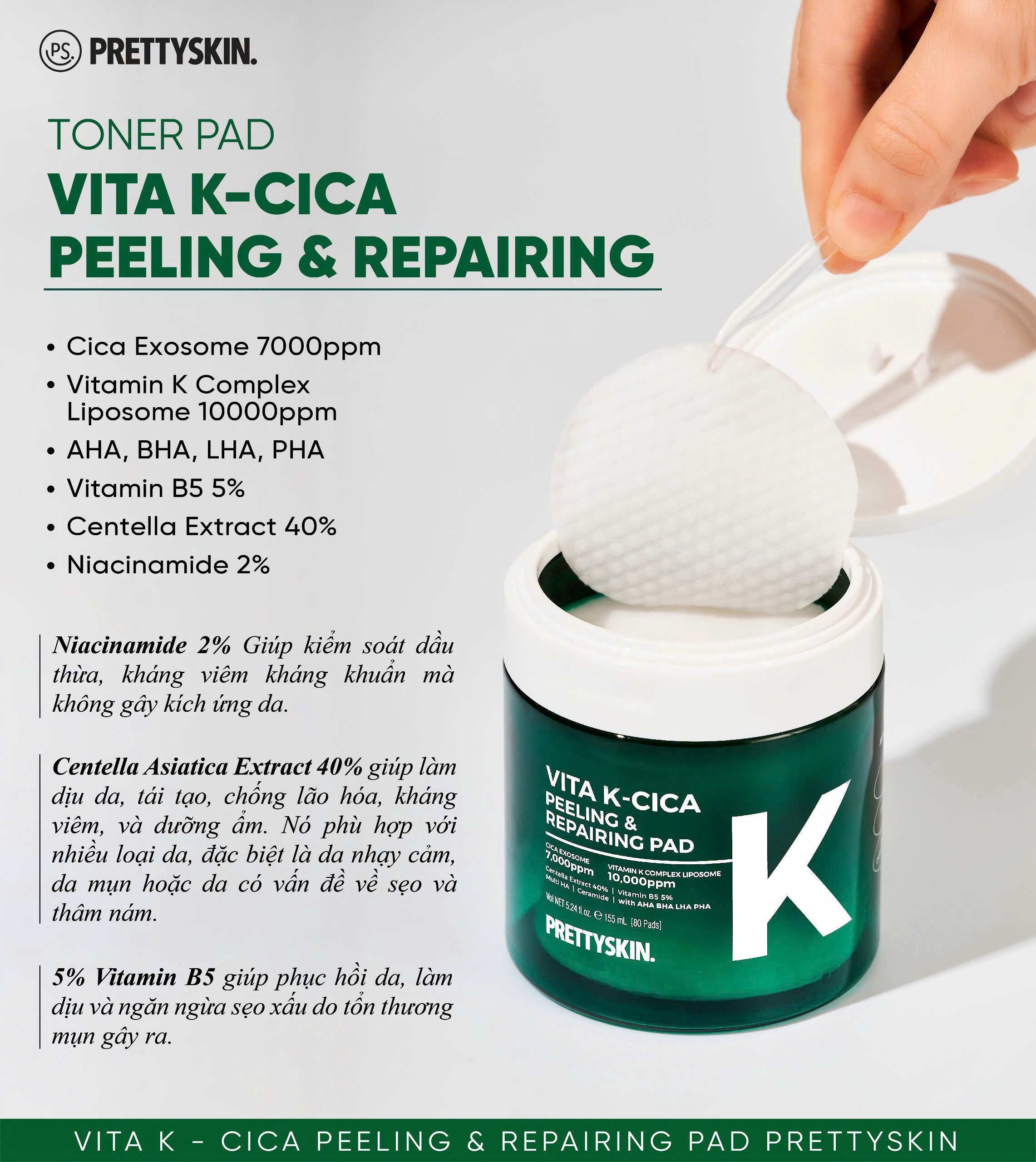 Toner Pad Vita K-Cica Peeling &amp; Repairing Pad Pretty Skin Hàn Quốc 80 miếng