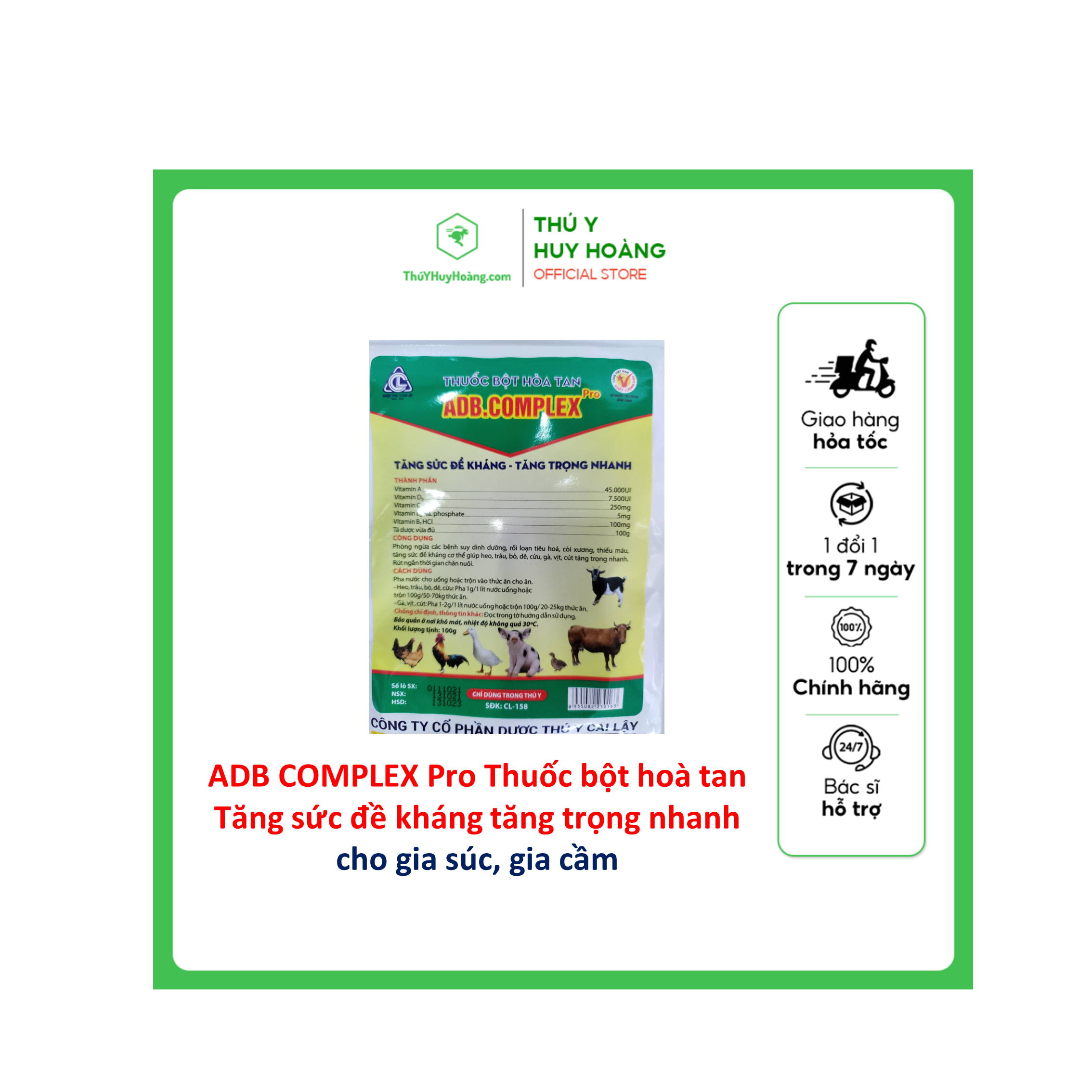 Thuốc bột hoà tan ADB.COMPLEX Pro Phòng ngừa các bệnh suy dinh dưỡng, rối loạn tiêu hoá, còi xương, thiếu máu, tăng sức đề kháng cơ thể giúp gia súc,gia cầm tăng trọng nhanh