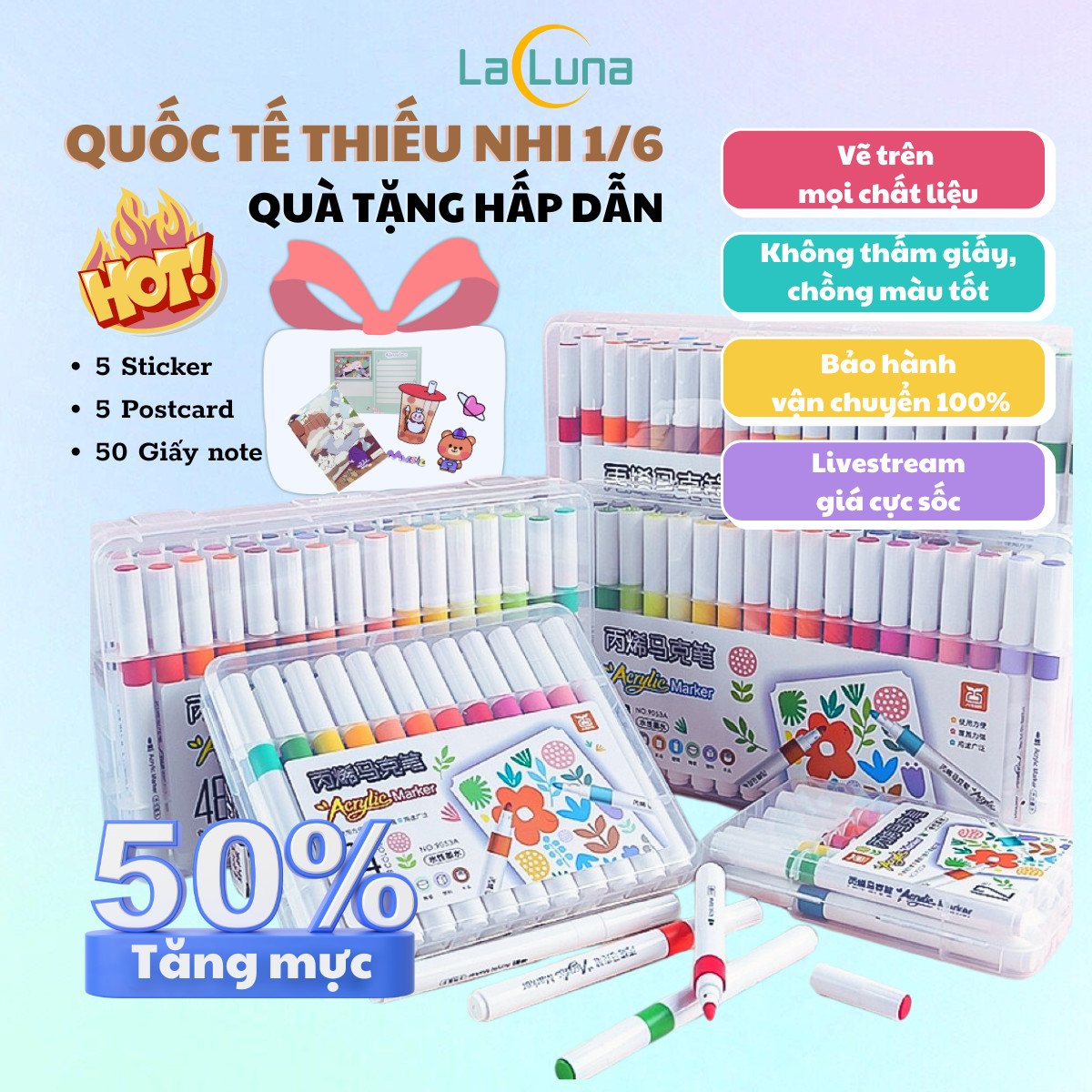 Bút Màu Acrylic Marker sơn đánh dấu Lalunavn nhiều mực hơn 50% bộ 12/24/36/48/60m hộp nhựa xách tiện dụng B196