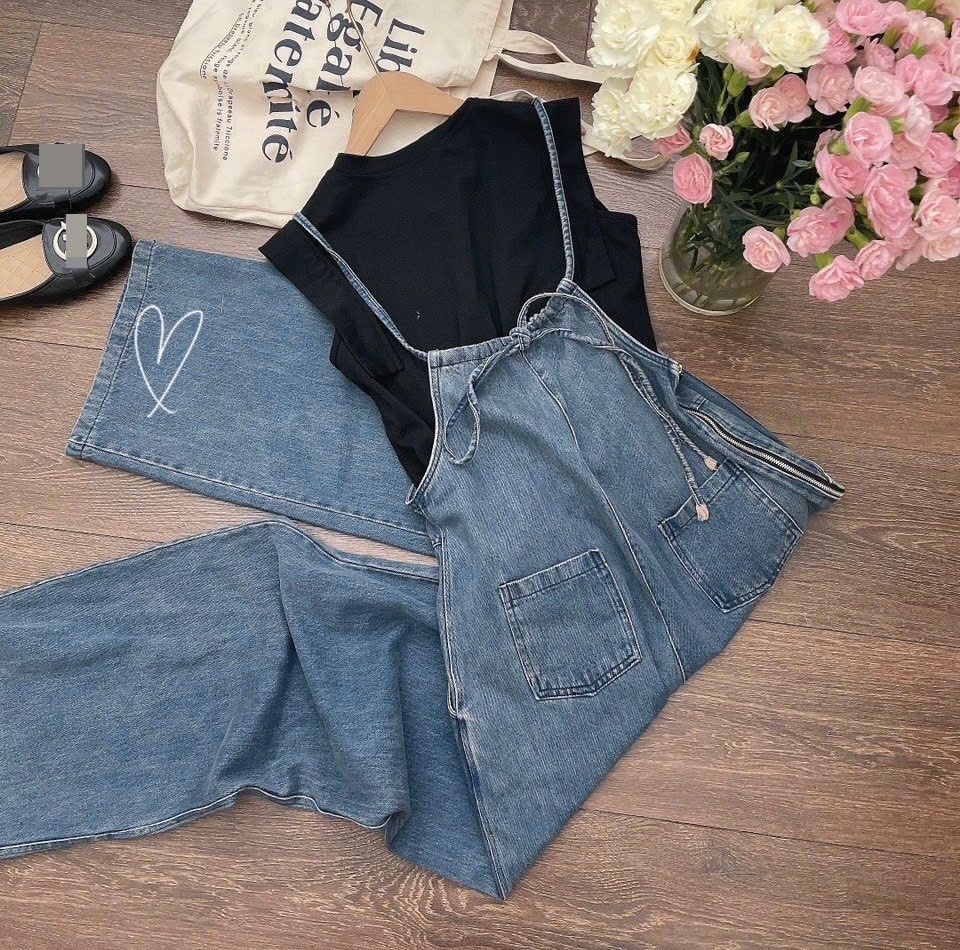 SET JUMPSUIT ĐỒ BAY QUẦN YẾM 2 DÂY DÀI ỐNG RỘNG JEANS LƯNG CAO SUÔNG ĐỨNG + ÁO THUN TRƠN ĐI CHƠI DẠO PHỐ ĐI BIỂN