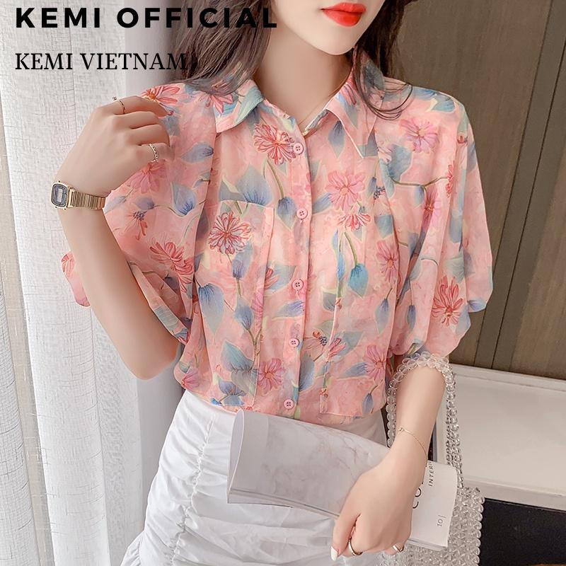 Áo sơ mi hoa dành cho nữ, tay phồng tiểu thư thanh lịch, chất voan mát mẻ, màu hồng nhẹ nhàng - Kemi